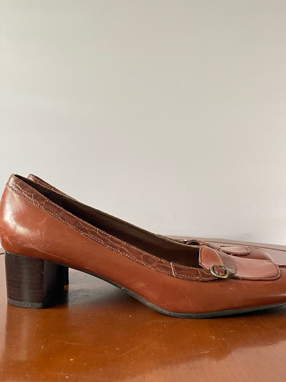 Enzo Angiolini Brown Leather Block Heel Pumps | US 8